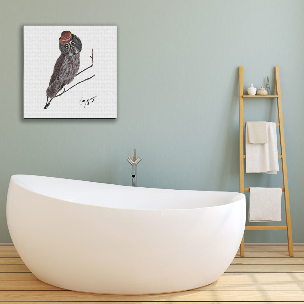 Gogimogi-Wall-Art-Great-Grey-Owl-on-Paper-in-Bathroom-1