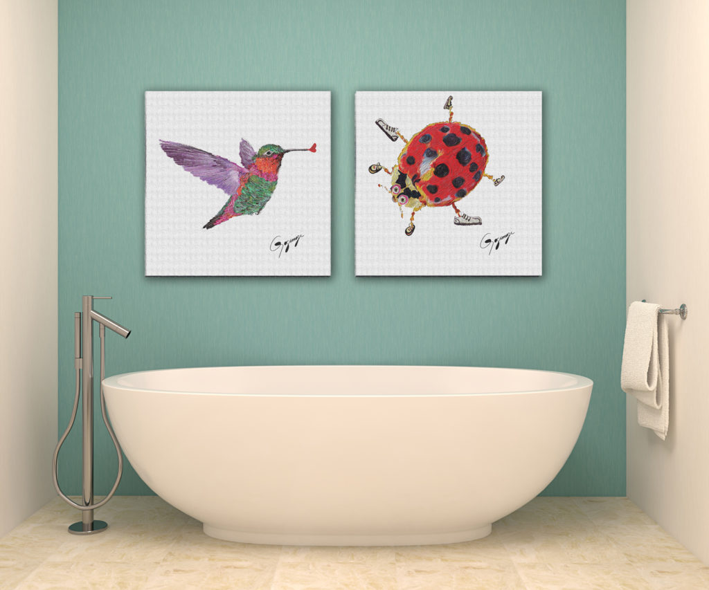 Gogimogi-Wall-Art-Hummingbird-and-Ladybird-on-Paper-in-Bathroom