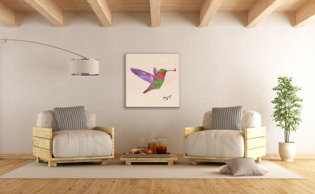 Gogimogi-Wall-Art-Hummingbird-on-Birchwood-in-Livingroom