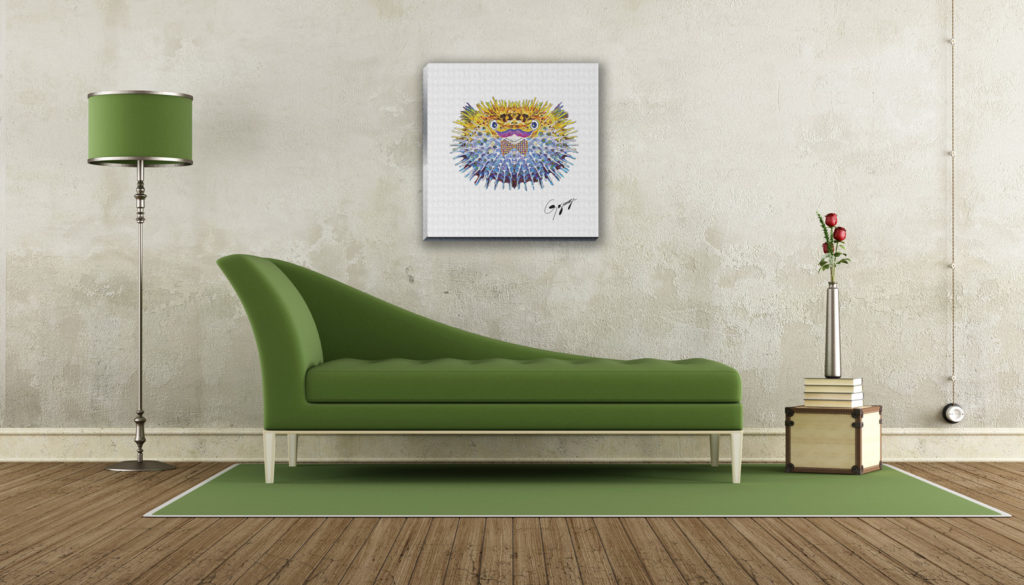 Gogimogi-Wall-Art-Pufferfish-on-Canvas-in-Livingroom