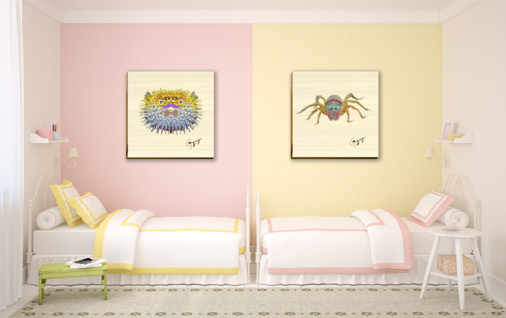 Gogimogi-Wall-Art-Spider-and-Pufferfish-on-Bamboo-in-Bedroom